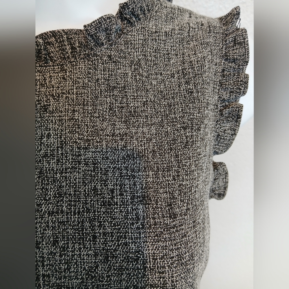 LOFT Grey & Black Tweed Sleeveless Sheath Dress Ruffle Neck & Sleeves. Cotton - Picture 2 of 9